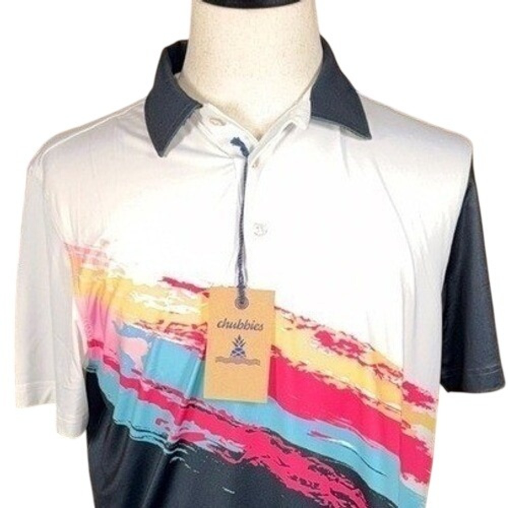 Chubbies Polo Mens S‎ The Tennis Champ White Navy Multi Color Graphic NEW